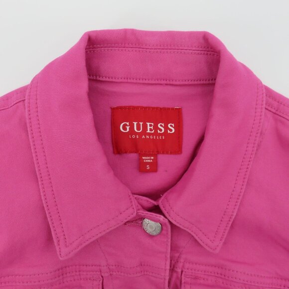 GUESS Women Small Pink Stretchy Denim Jean Jacket Collared Button Front Pockets - Picture 6 of 10